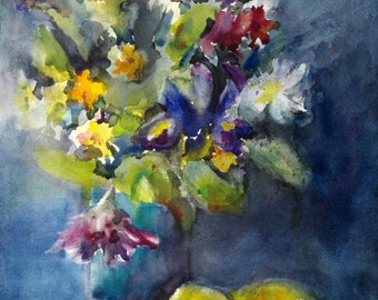 flowers, lemon, iris, kitchen art, blue, green. What to Do- Original watercolor painting (16" x 12").
