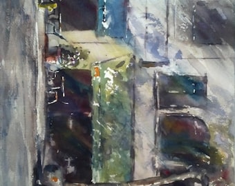 Storefront, street scene, architecture Old Pasadena, Colorado Blvd I. - Original Watercolor Painting 12" x 16".