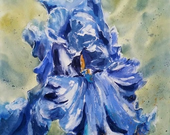 Floral, flowers, macro, Iris, blue. Christine's Choice, Sea Power Iris Original Watercolor Painting 22" x 22".