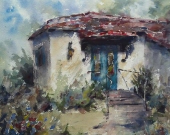 Entry, Door, turquoise, red tile, architecture, adobe, Santa Barbara. El Encanto, Escape- Original Watercolor Painting 16" x 12".