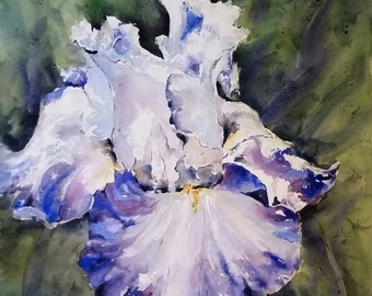 Floral, flowers, macro, Iris, purple, lavender, blue. Dad's Iris, Center Ice. Original Watercolor Painting 22" x 22".