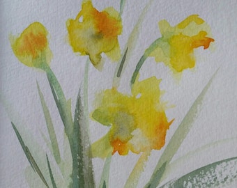 Floral art, yellow, daffodil, flower,still life. Sweet Daffodils- Original watercolor painting (8" x 5").
