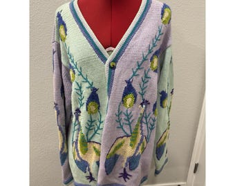 Vintage Wunderliche Pfau Cottagecore Art Strickjacke Storybook Knits L