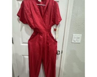 Joan Walters Petites Rot V-Ausschnitt Kurzarm Gesmokt Taille Overall Größe 6