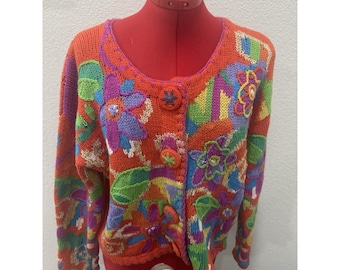 90er Vintage Floral Cardigan Pullover Bestickt Grösse M Handgemacht