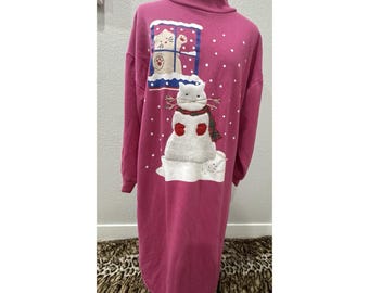 Vintage 90er Jahre Katzen Pyjama Kleid Nachthemd Fuzzy Kätzchen Schneemann Rosa Nachthemd