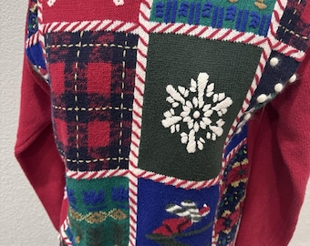 Vintage Patchwork Knit Sweater Snowflake Skiing Christmas Holiday Ugly Sweater