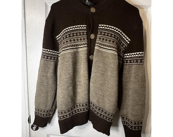 Stapf Austria Wool Cardigan Fair Isle Nordic Alpine Grandpa Sweater Brown L
