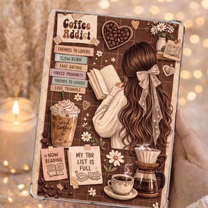 Könnte beinhalten: Braune und beige digitale Illustration mit einer lesenden Frau, umgeben von Kaffee-Elementen. Enthält Eiskaffee, eine Kaffeemaschine und den Text "Coffee Addict". Enthält auch den Text "Enemies to Lovers" und "My TBR List is Full."