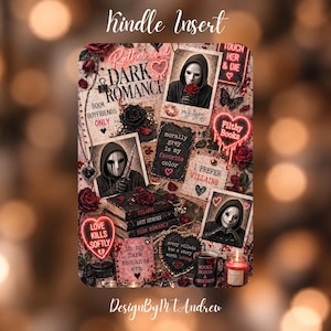 Könnte beinhalten: Ein rechteckiger Kindle-Einleger mit einer Dark-Romance-Collage, maskierten Figuren, roten Rosen und neonfarbenen Herzschildern. Der Text umfasst "DARK ROMANCE", "TOUCH HER & DIE", "Filthy Books", "LOVE KILLS SOFTLY" und "morally grey is my favorite color".