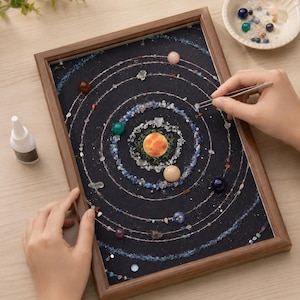 May include: A framed art piece featuring a solar system design on a black background, constructed with various colorful gemstone beads and small crystals arranged in concentric circular orbits around a central sun-like sphere.