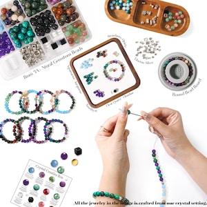 May include: A collection of gemstone beads, bracelets, and jewelry-making supplies. Includes a variety of colorful beads, a wooden tray, a bead board, and a crystal creative box. The image shows a person stringing beads to create a bracelet.