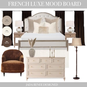 Op de afbeelding: Een moodboard voor de slaapkamer met een Frans Luxe thema. De afbeelding toont een bed met een wit hoofdbord, een bruine fluwelen stoel, een crèmekleurige dressoir en een vloerlamp. Het kleurenpalet omvat tinten bruin, crème en beige. De tekst "FRENCH LUXE MOOD BOARD" staat bovenaan.