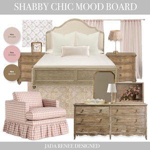 May include: A Shabby Chic mood board featuring a bed with a beige headboard, white bedding, and a wooden frame. A pink and white checkered armchair, a wooden dresser, and a bedside table are also present. The color palette includes beige, pink, and white.