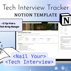 Puede incluir: Una pantalla de portátil muestra una plantilla de Notion para un rastreador de entrevistas técnicas. La imagen incluye el texto "Tech Interview Tracker" y "NOTION TEMPLATE". Texto adicional dice "+ 10 consejos de un gerente de contratación de Big Tech" y "Nail Your Tech Interview."