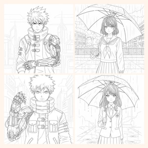 May include: Four-panel black and white illustration featuring anime-style characters. Two panels depict male figures, one with a robotic arm. The other two panels show female figures holding umbrellas in the rain, wearing school uniforms.