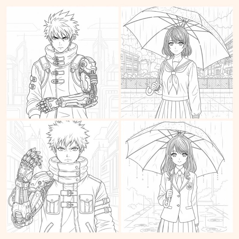 May include: Four-panel black and white illustration featuring anime-style characters. Two panels depict male figures, one with a robotic arm. The other two panels show female figures holding umbrellas in the rain, wearing school uniforms.