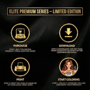 以下が含まれることがあります： 「ELITE PREMIUM SERIES - LIMITED EDITION」の文字と金色のアクセントが入った黒いグラフィック。グラフィックには、ラップトップ、ダウンロードアイコン、プリンター、色を塗っている女性が描かれています。「購入」、「ダウンロード」、「印刷」、「色を塗る」のステップがあります。