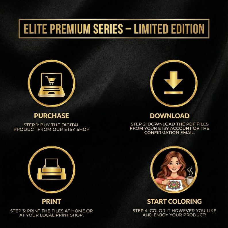 以下が含まれることがあります： 「ELITE PREMIUM SERIES - LIMITED EDITION」の文字と金色のアクセントが入った黒いグラフィック。グラフィックには、ラップトップ、ダウンロードアイコン、プリンター、色を塗っている女性が描かれています。「購入」、「ダウンロード」、「印刷」、「色を塗る」のステップがあります。
