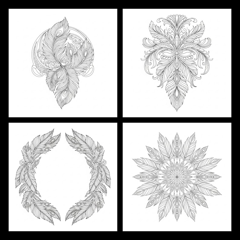 A black and white 4-grid preview showcasing premium feather line art from a 60-page coloring collection. The designs feature high-quality symmetrical peacock feather mandalas, circular feather wreaths, and ornate floral-inspired feather patterns with intricate detailing. These professional illustrations are optimized for adult relaxation, boho-themed art therapy, and printable creative meditation activities.