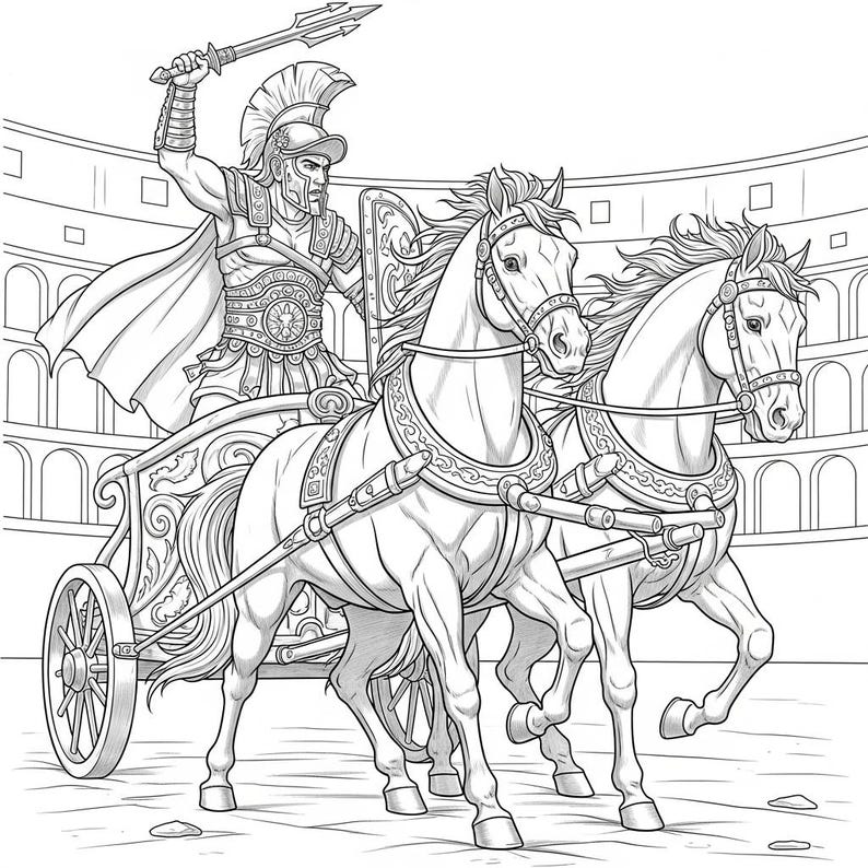 May include: Black and white illustration of a Roman chariot race. A gladiator in armour stands in a chariot pulled by two horses. The gladiator holds a spear aloft, with a shield at his side. The background shows an arena.