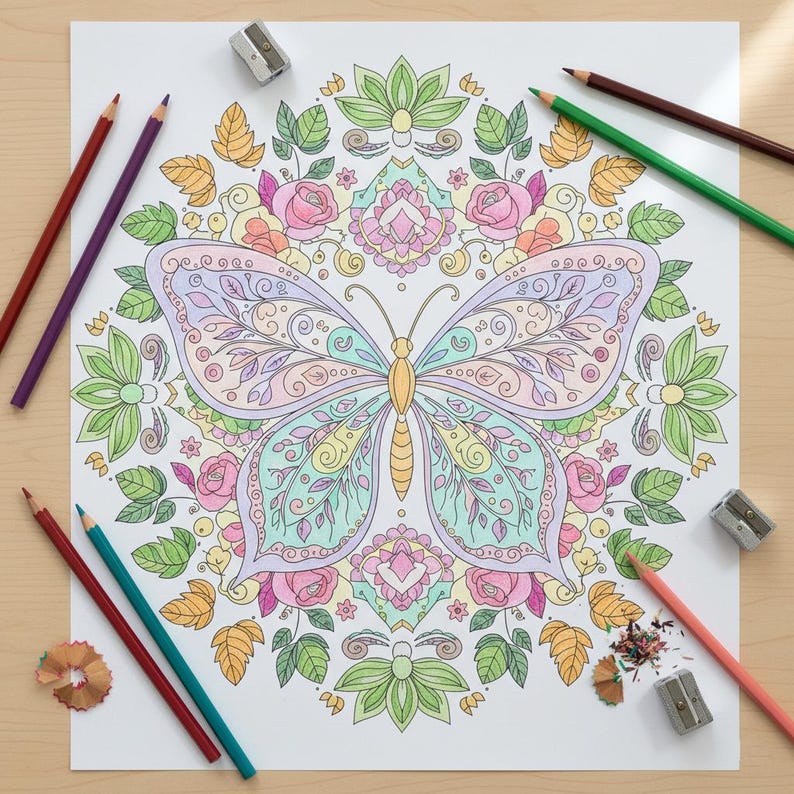 May include: A detailed butterfly coloring page with a floral mandala design, featuring pastel colors. Colored pencils in various shades of red, purple, green, and brown surround the page, along with two pencil sharpeners and pencil shavings.