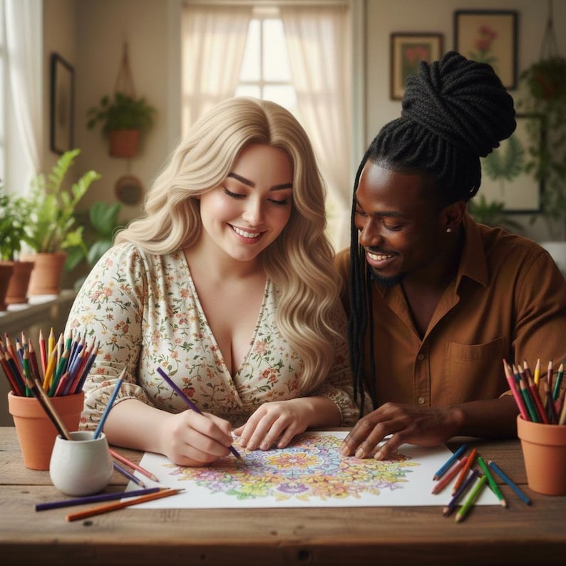 Peut inclure: Un couple est assis &agrave; une table en bois, coloriant un motif de mandala d&eacute;taill&eacute; avec des crayons de couleur. La femme porte un haut &agrave; imprim&eacute; floral et l'homme une chemise marron. Les crayons sont dans de petits pots en terre cuite. La sc&egrave;ne est bien &eacute;clair&eacute;e.