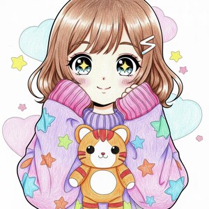 May include: An illustration of a girl with brown hair and big eyes, wearing a purple sweater with star and heart designs. She is holding a stuffed tiger toy. Pastel colors are used throughout the image.