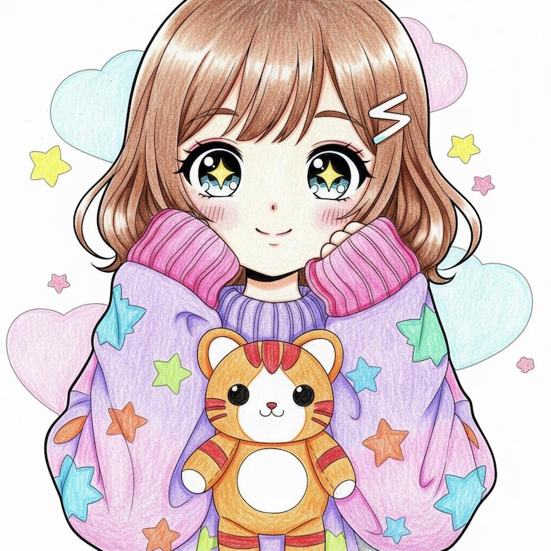 May include: An illustration of a girl with brown hair and big eyes, wearing a purple sweater with star and heart designs. She is holding a stuffed tiger toy. Pastel colors are used throughout the image.