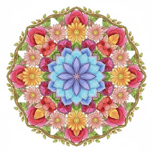 An intricately colored floral mandala featuring a vibrant blue and purple center, surrounded by layers of blooming yellow daisies, pink roses, and ornamental leaves. This high-quality illustration showcases the detailed art found in our 100-page Floral Mandala collection, designed for adult relaxation and creative mindfulness.