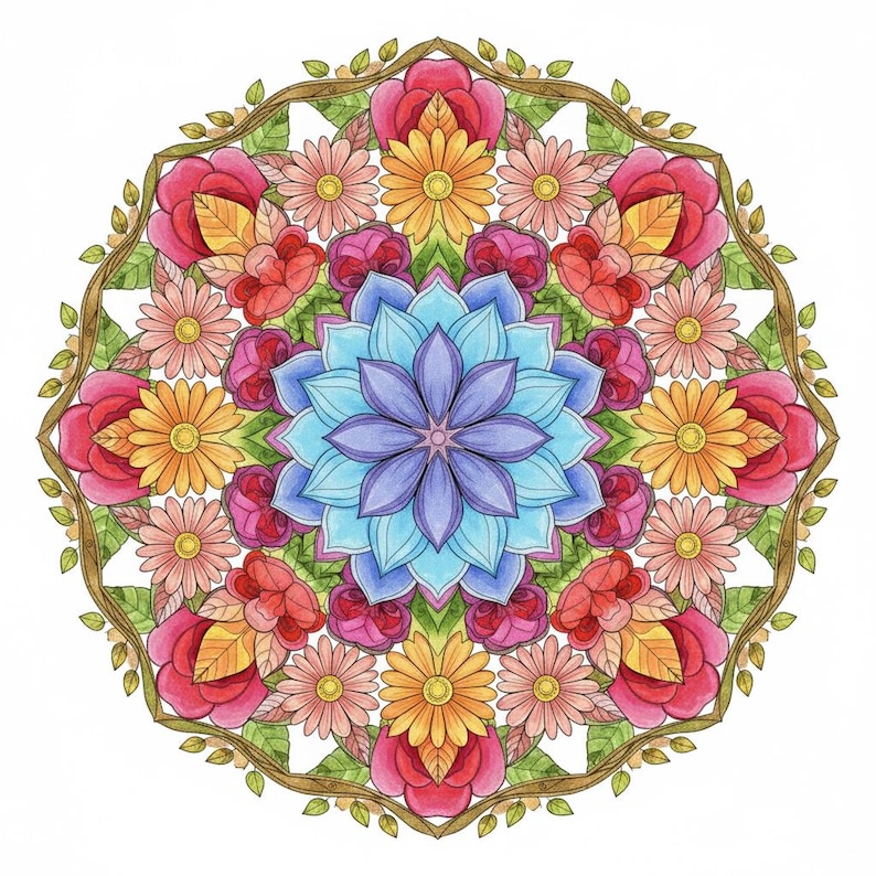 An intricately colored floral mandala featuring a vibrant blue and purple center, surrounded by layers of blooming yellow daisies, pink roses, and ornamental leaves. This high-quality illustration showcases the detailed art found in our 100-page Floral Mandala collection, designed for adult relaxation and creative mindfulness.