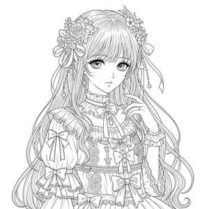 May include: Detailed black and white illustration of a manga-style character. The character has long flowing hair, adorned with a floral crown and ribbons. The dress features bows, ruffles, and intricate lace details, creating a delicate and elegant aesthetic.
