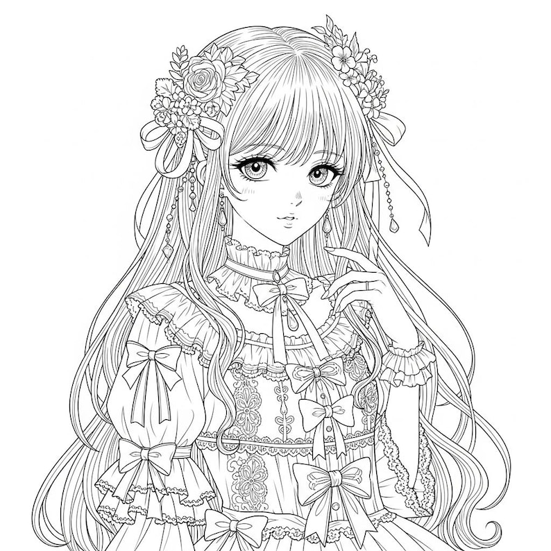 May include: Detailed black and white illustration of a manga-style character. The character has long flowing hair, adorned with a floral crown and ribbons. The dress features bows, ruffles, and intricate lace details, creating a delicate and elegant aesthetic.