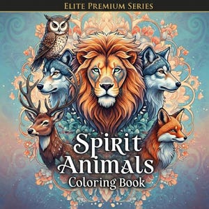 May include: A coloring book cover featuring a lion, two wolves, a deer, an owl, and a fox. The title "Spirit Animals Coloring Book" is displayed in white, with the words "Elite Premium Series" at the top.