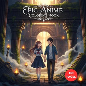 May include: An anime-style illustration of a couple walking hand-in-hand through an ancient, overgrown structure. The image features the text "Epic Anime Coloring Book" and a red circle with "130 PAGES". The color palette includes greens, browns, and warm orange tones.