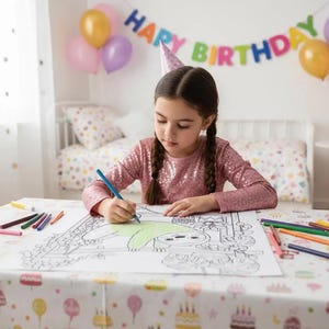 May include: A young girl wearing a pink sequined top and a party hat is coloring a large black and white illustration with colored pencils. The table is covered with a birthday-themed tablecloth. Balloons and a banner that says "Happy Birthday" are in the background.