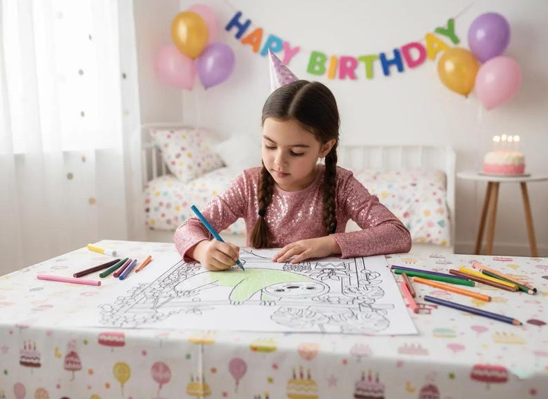 May include: A young girl wearing a pink sequined top and a party hat is coloring a large black and white illustration with colored pencils. The table is covered with a birthday-themed tablecloth. Balloons and a banner that says "Happy Birthday" are in the background.