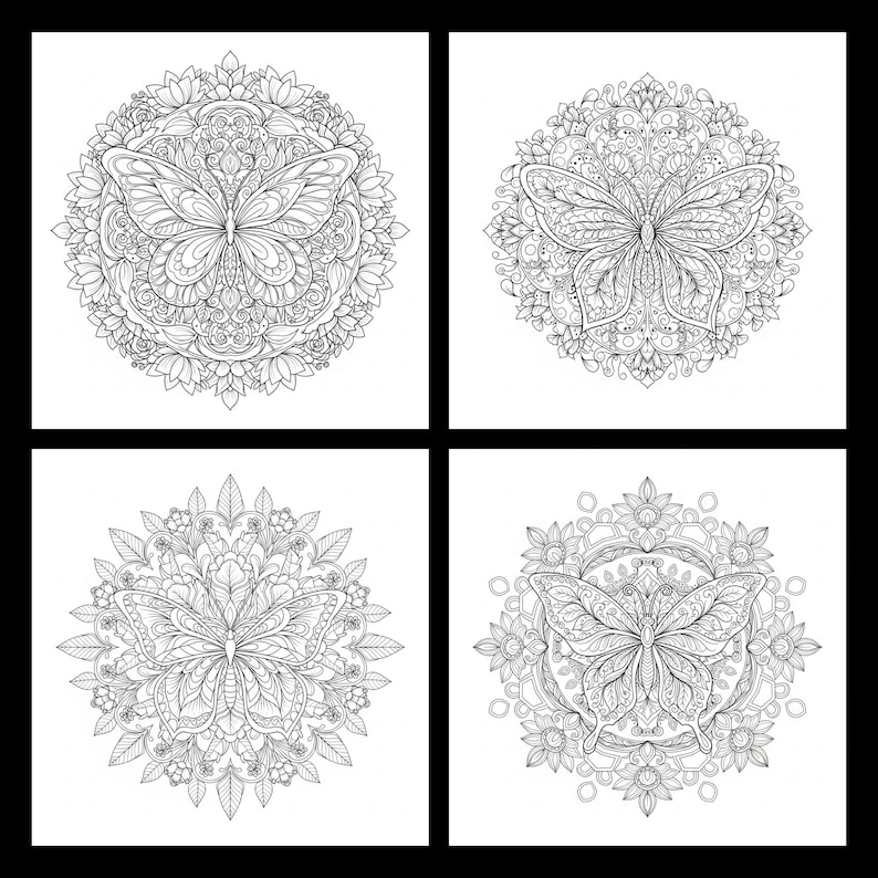 May include: Four black and white butterfly mandala designs. Each mandala features a detailed butterfly at the center, surrounded by intricate floral and geometric patterns. The designs are perfect for coloring or artistic projects.