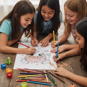 May include: Four young girls are gathered around a wooden table, colouring a large drawing with coloured pencils. A variety of coloured pencils, pencil sharpeners, and small figurines are scattered on the table. The drawing features a cartoon character.