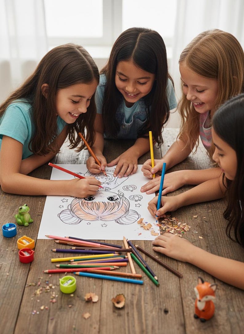 May include: Four young girls are gathered around a wooden table, colouring a large drawing with coloured pencils. A variety of coloured pencils, pencil sharpeners, and small figurines are scattered on the table. The drawing features a cartoon character.