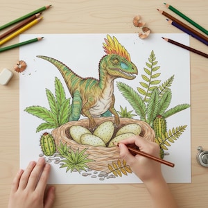 Child coloring a detailed Velociraptor dinosaur and eggs in a prehistoric nest with colored pencils. A fun Jurassic World adventure dinosaur coloring page for kids