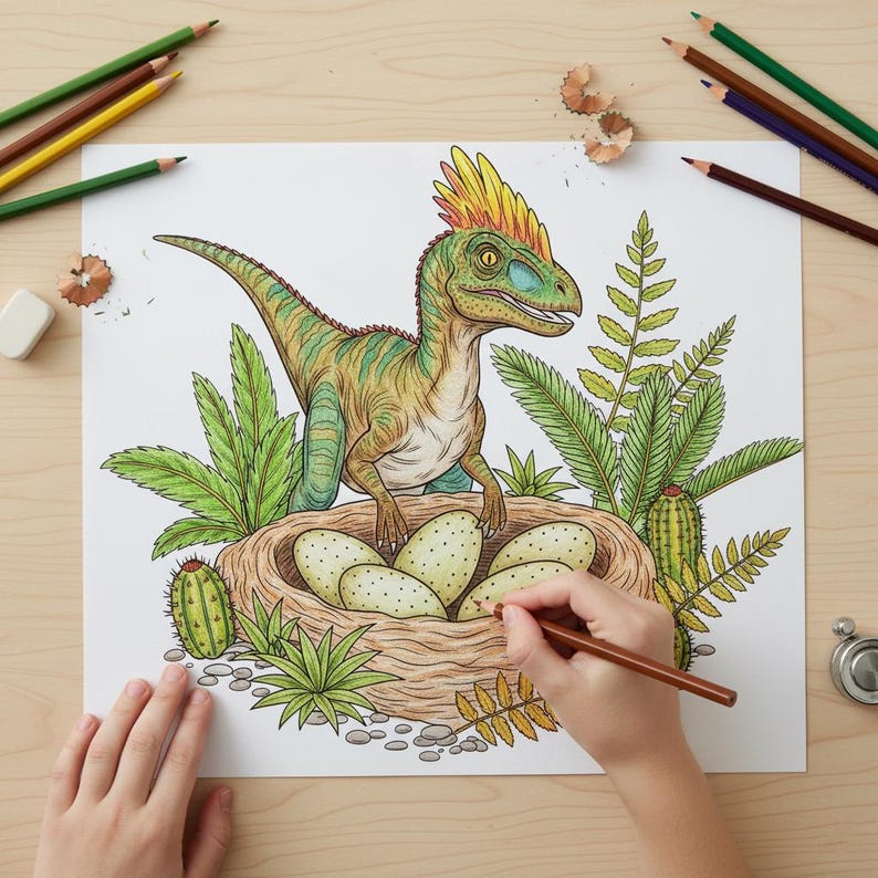 Child coloring a detailed Velociraptor dinosaur and eggs in a prehistoric nest with colored pencils. A fun Jurassic World adventure dinosaur coloring page for kids