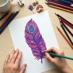 A lifestyle preview of a person's hands coloring a detailed single peacock feather with a teal pencil. This 60-page collection showcases high-quality bohemian line art featuring vibrant magenta, purple, and turquoise patterns. The scene is set on a light wooden desk with art supplies, perfect for promoting adult relaxation, mindful meditation, and printable Zen activities.