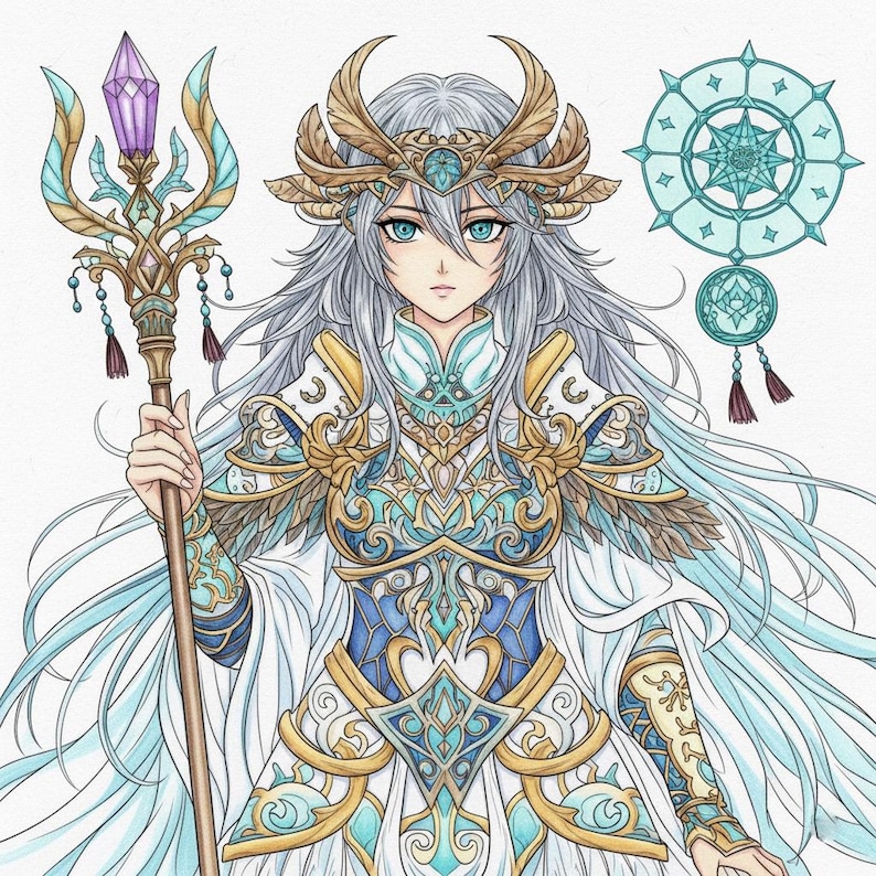 May include: An illustration of a female figure with long silver hair, blue eyes, and a detailed white, blue, and gold outfit. She holds a staff with a purple crystal. A decorative circular design is in the background.
