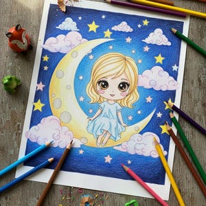 May include: A coloured pencil drawing of a cartoon girl on a crescent moon against a starry night sky. The artwork features yellow stars, fluffy clouds, and a blue background. Coloured pencils and a pencil sharpener surround the drawing.