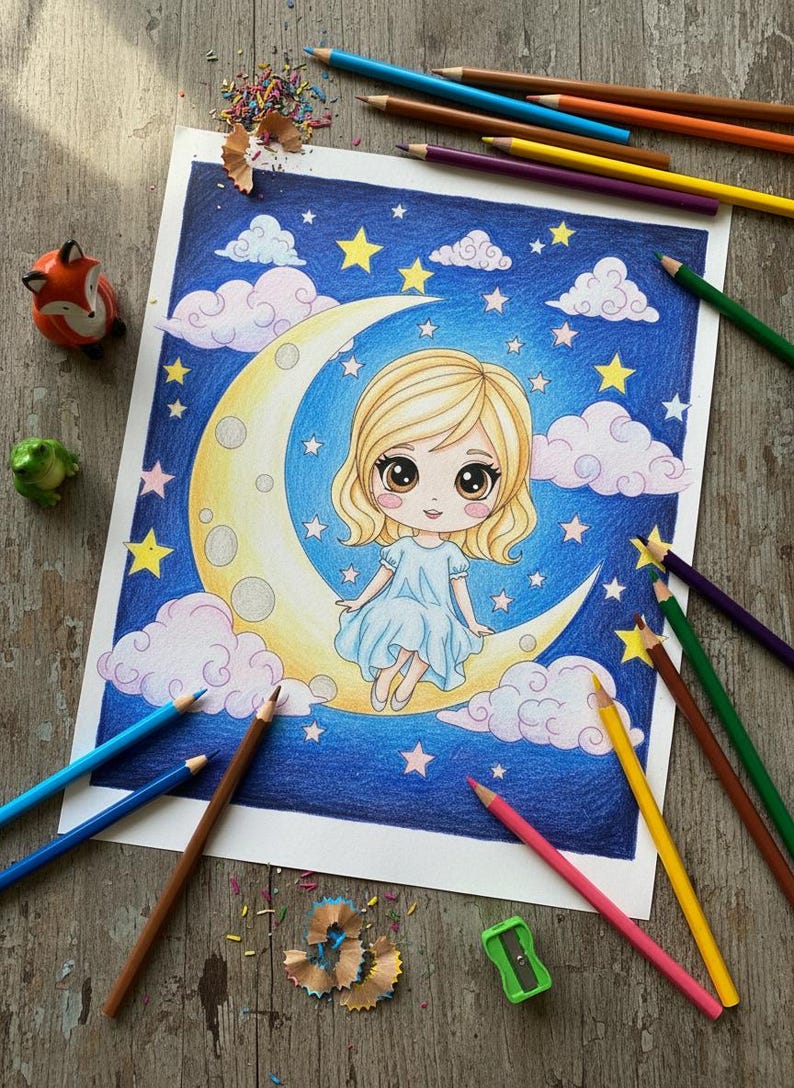 May include: A coloured pencil drawing of a cartoon girl on a crescent moon against a starry night sky. The artwork features yellow stars, fluffy clouds, and a blue background. Coloured pencils and a pencil sharpener surround the drawing.