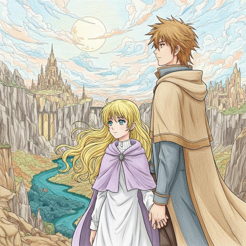 May include: An illustration of two figures, a man and a woman, standing on a cliff overlooking a fantasy landscape. The woman has long blonde hair and wears a white dress and purple cloak. The man wears a hooded cloak. A river winds through the valley.