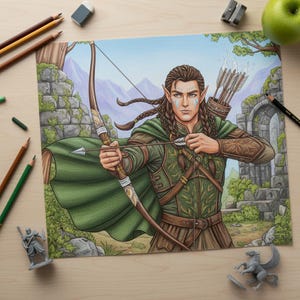 May include: A detailed illustration of an archer with a bow and arrow, dressed in green and brown attire. The archer has long braided hair and is set against a backdrop of a forest and stone ruins. Colored pencils and miniature figurines surround the artwork.