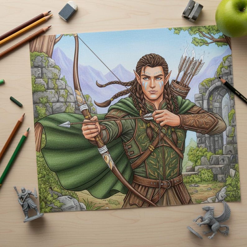 May include: A detailed illustration of an archer with a bow and arrow, dressed in green and brown attire. The archer has long braided hair and is set against a backdrop of a forest and stone ruins. Colored pencils and miniature figurines surround the artwork.
