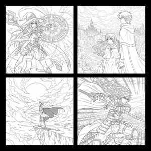 May include: Four-panel black and white illustration featuring fantasy characters. One panel shows a female mage with a staff and magic circle. Another depicts a couple overlooking a castle. A third shows a figure on a cliff, and the last shows a warrior with a sword.
